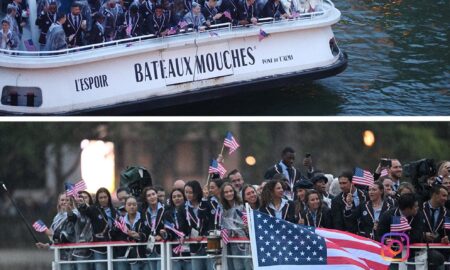 LeBron James and Coco Gauff bearing the flag for Team USA in Paris