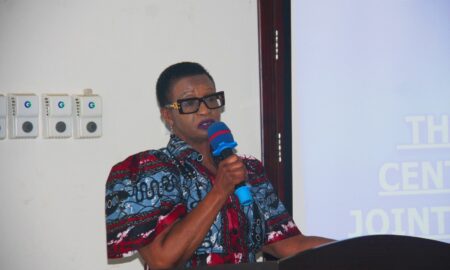 Minister Hanifah Kawooya speaking to health workers in Entebbe