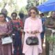 Lady Sylivia Naginda in the middle being welcomed at Lake Victoria school