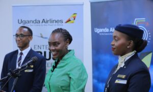 Uganda Airlines boss Jenifer Bamuturaki addresing the gathering at Entebbe Airport