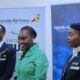 Uganda Airlines boss Jenifer Bamuturaki addresing the gathering at Entebbe Airport