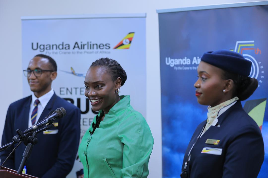 Uganda Airlines boss Jenifer Bamuturaki addresing the gathering at Entebbe Airport